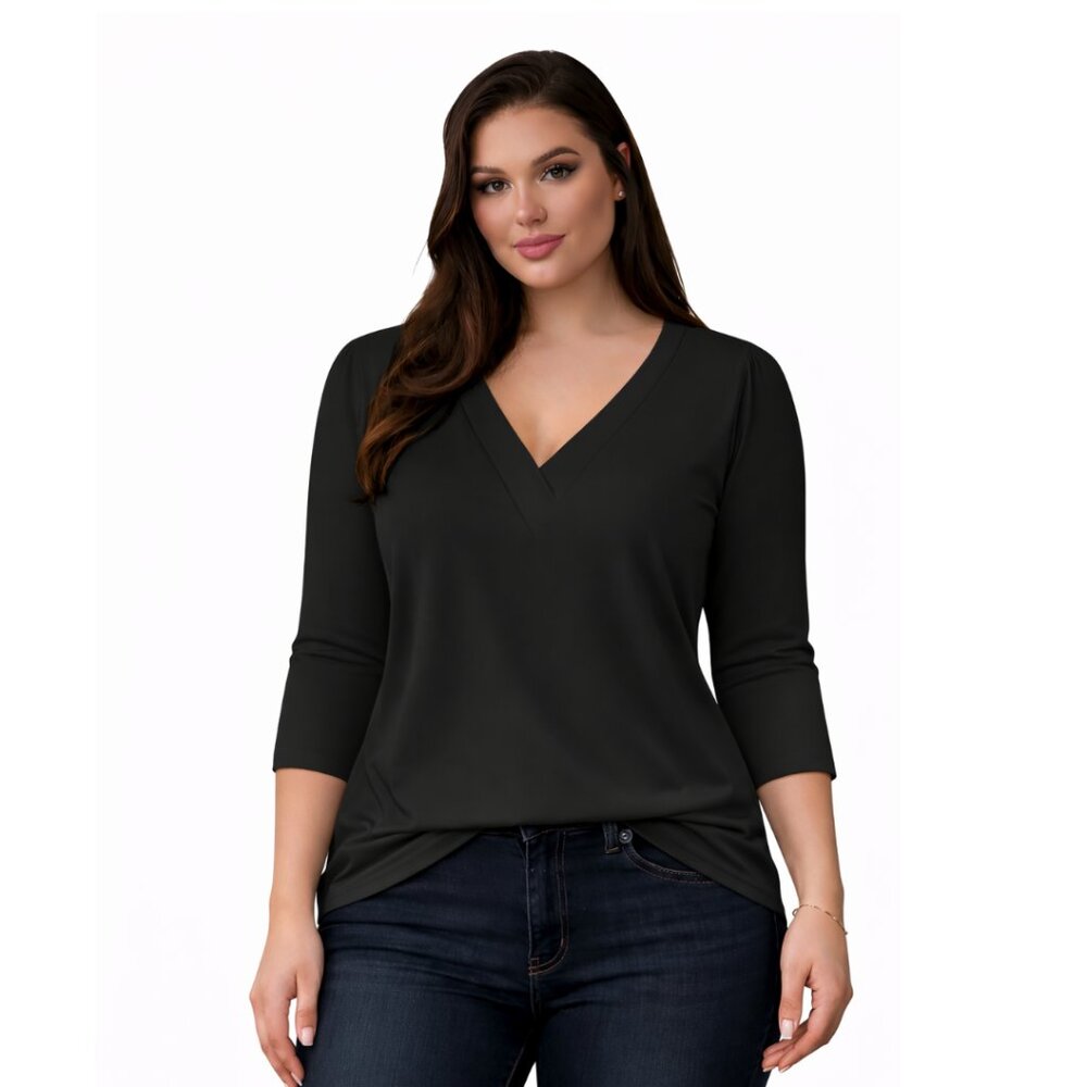 Women’s 3/4 Sleeve V Neck Tops Loose Fit T Shirt, BLACK, Size MEDIUM